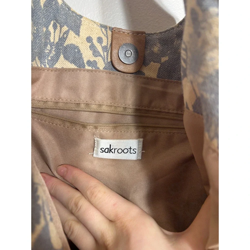 Sakroots Straw Floral Hobo Shoulder Bag Tan Blue‎ Leather Trim Boho